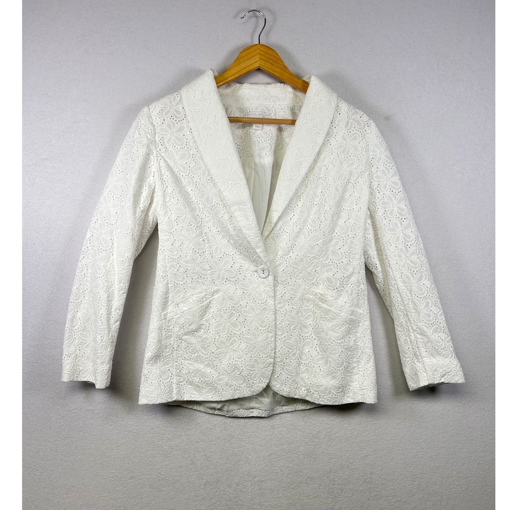 Susan Graver Pure White‎ Eyelet Lace Blazer Jacket Women's XS Shawl Collar